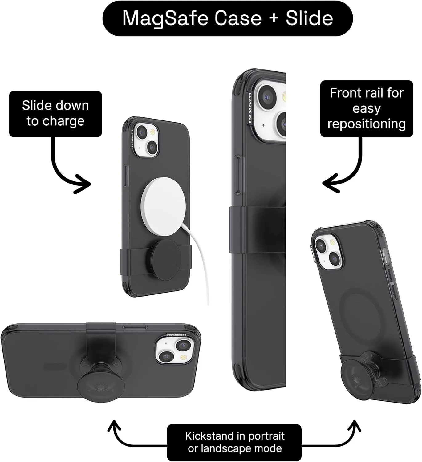 : PopCase PlantCore for MagSafe - Plant-Based Phone Case for iPhone 14 Plus with a Repositionable PopGrip Slide Phone Stand and Grip with a Swappable Top - Black