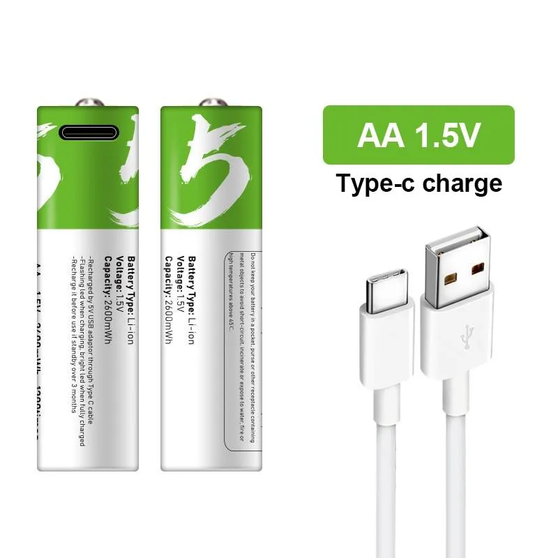 2600mWh 1.5V AA High Capacity Rechargeable USB Li-Ion Battery With 500 Charge Cycles