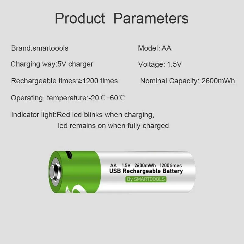 2600mWh 1.5V AA High Capacity Rechargeable USB Li-Ion Battery With 500 Charge Cycles