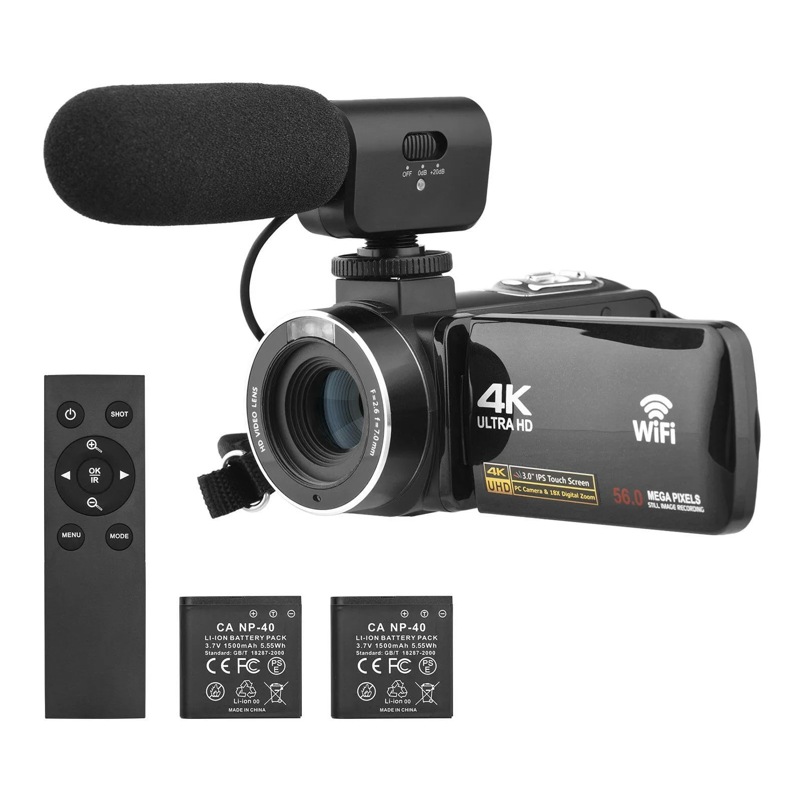 4K Digital Video Camera WiFi Camcorder DV Recorder 56MP 18X Digital Zoom 3.0 Inch IPS Touchscreen Supports Face Detection IR Night Vision Anti-shake with 2pcs Batteries   Remote Control   Carry Bag   External Microphone