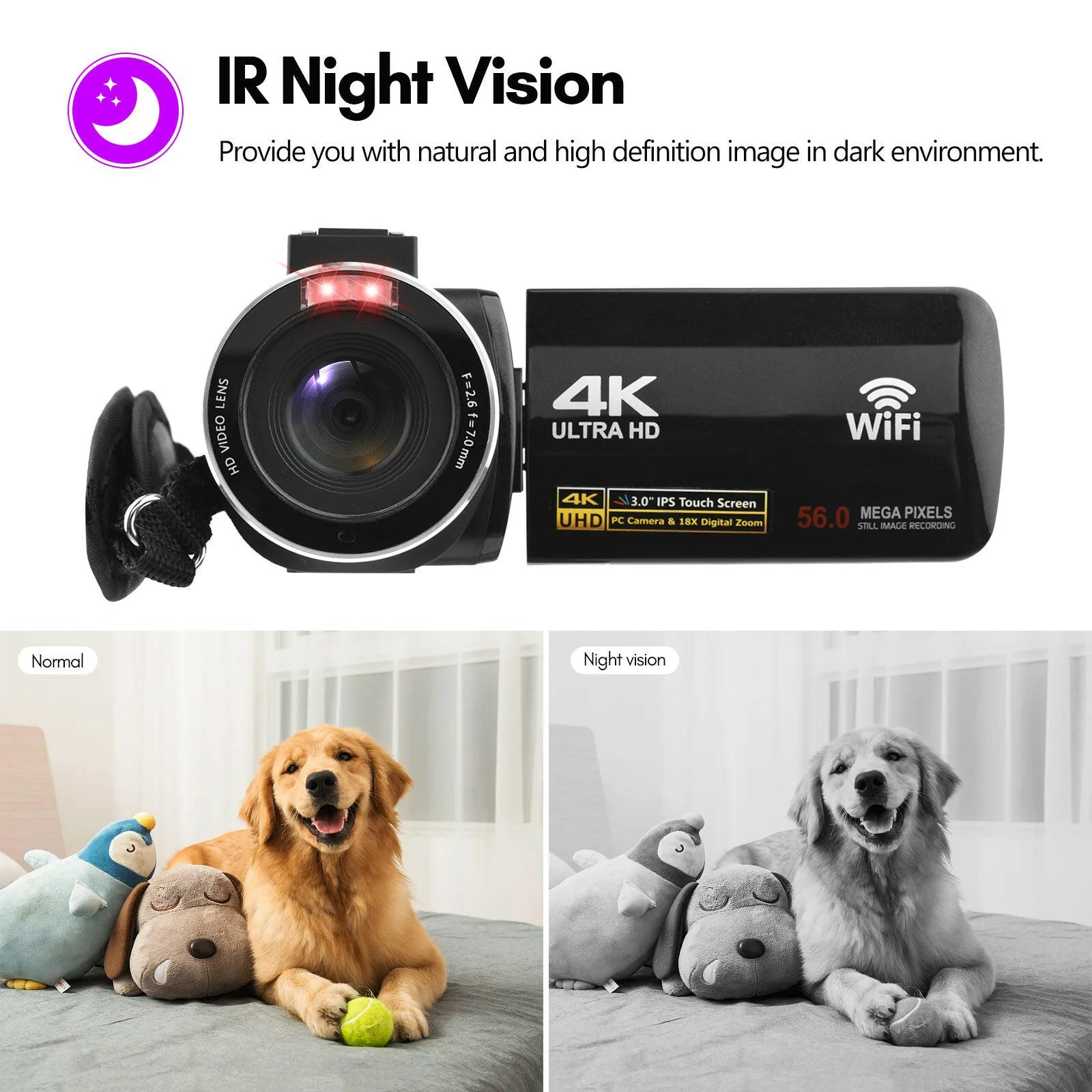 4K Digital Video Camera WiFi Camcorder DV Recorder 56MP 18X Digital Zoom 3.0 Inch IPS Touchscreen Supports Face Detection IR Night Vision Anti-shake with 2pcs Batteries   Remote Control   Carry Bag   External Microphone