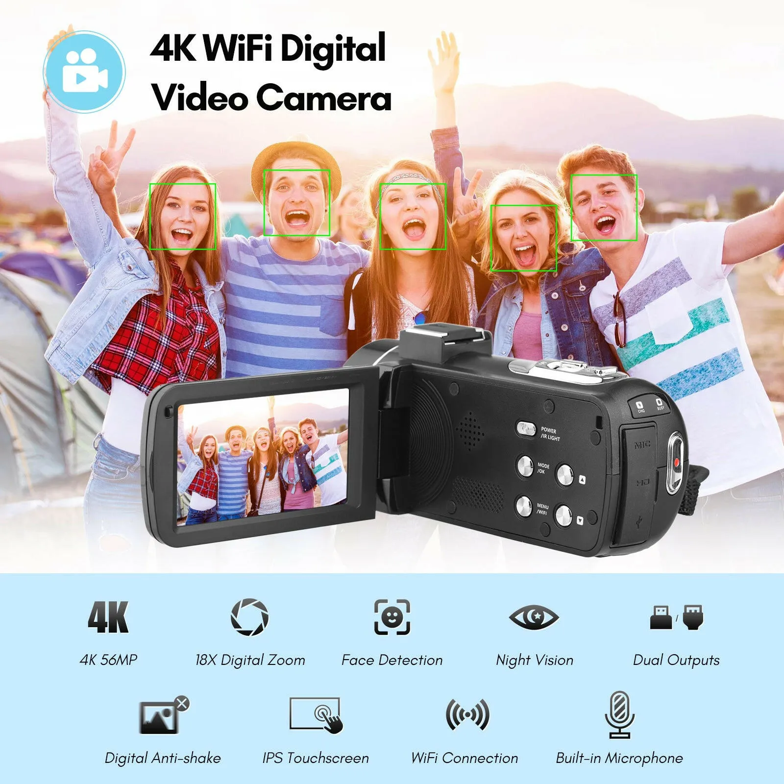 4K Digital Video Camera WiFi Camcorder DV Recorder 56MP 18X Digital Zoom 3.0 Inch IPS Touchscreen Supports Face Detection IR Night Vision Anti-shake with 2pcs Batteries   Remote Control   Carry Bag   External Microphone