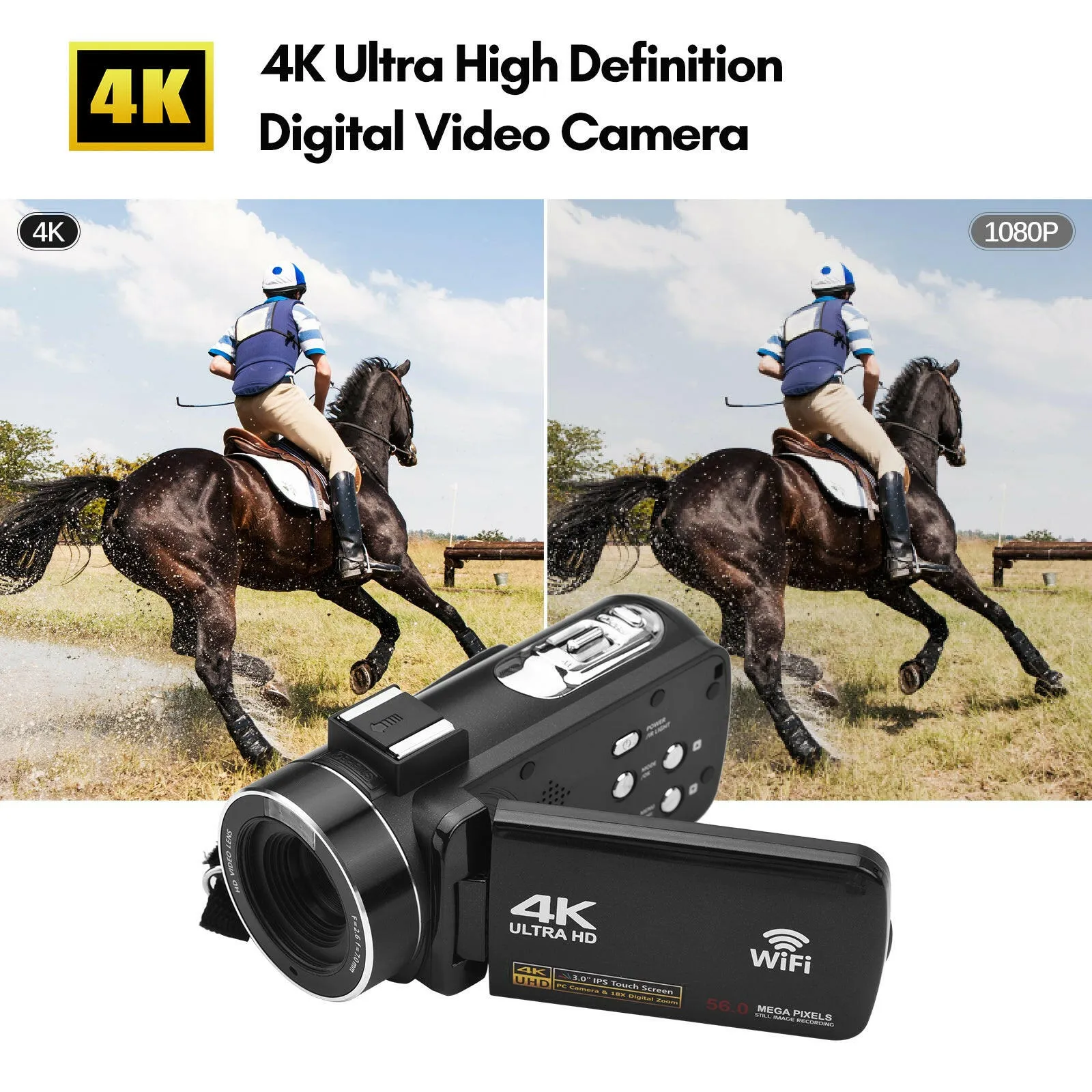 4K Digital Video Camera WiFi Camcorder DV Recorder 56MP 18X Digital Zoom 3.0 Inch IPS Touchscreen Supports Face Detection IR Night Vision Anti-shake with 2pcs Batteries   Remote Control   Carry Bag   External Microphone