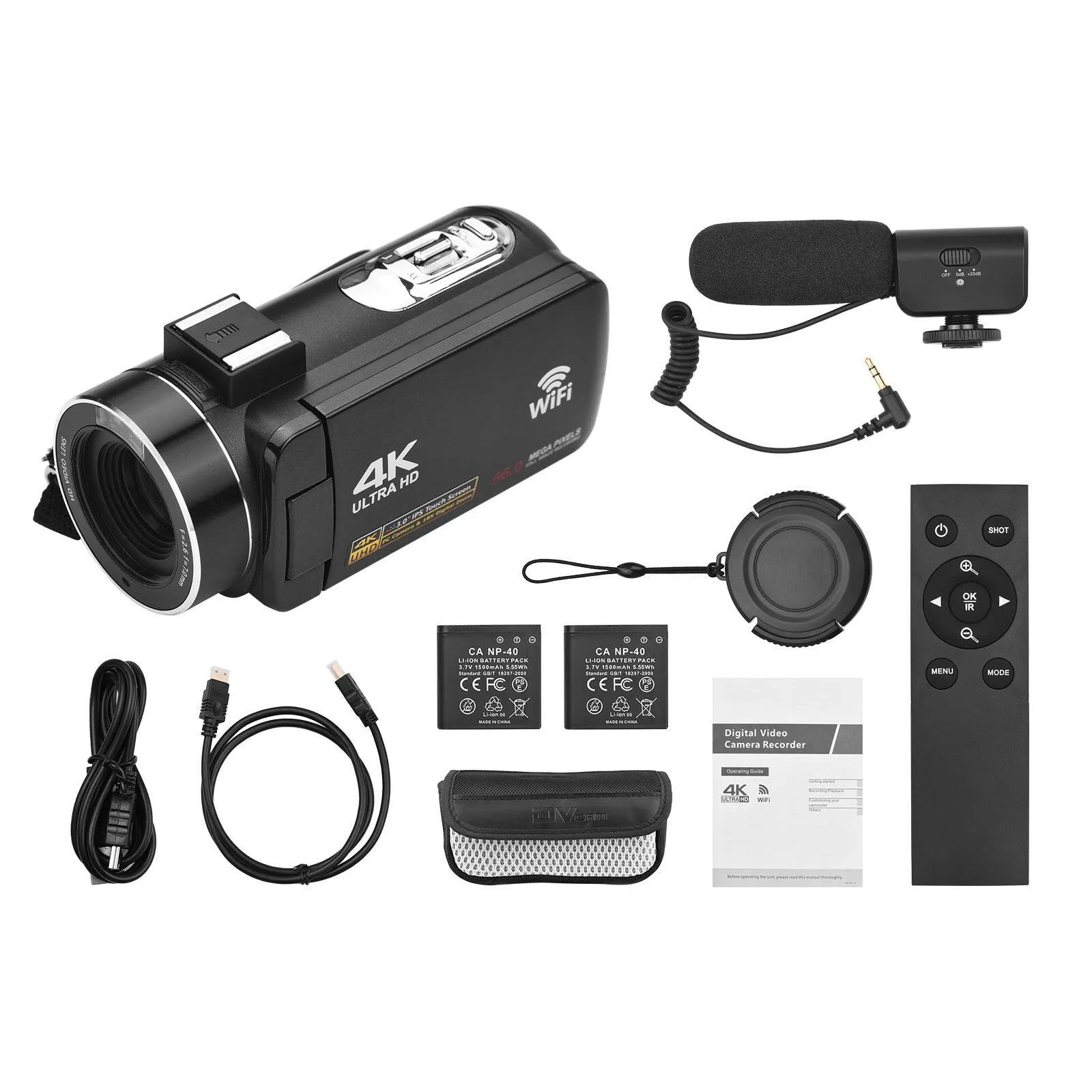 4K Digital Video Camera WiFi Camcorder DV Recorder 56MP 18X Digital Zoom 3.0 Inch IPS Touchscreen Supports Face Detection IR Night Vision Anti-shake with 2pcs Batteries   Remote Control   Carry Bag   External Microphone