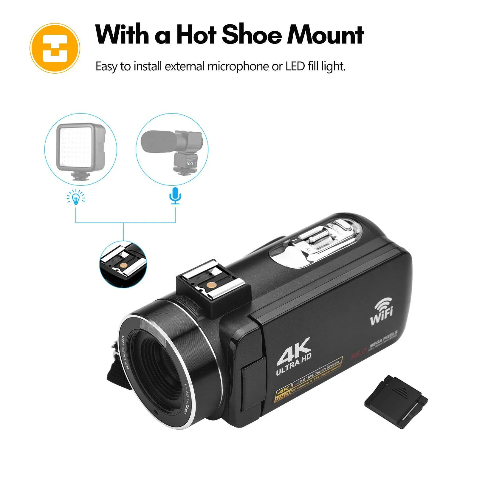 4K Digital Video Camera WiFi Camcorder DV Recorder 56MP 18X Digital Zoom 3.0 Inch IPS Touchscreen Supports Face Detection IR Night Vision Anti-shake with 2pcs Batteries   Remote Control   Carry Bag   External Microphone