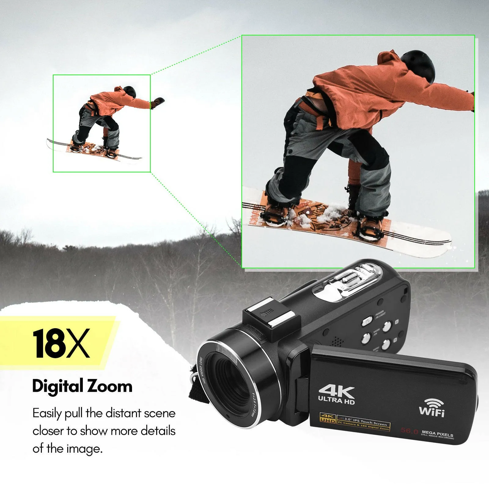 4K Digital Video Camera WiFi Camcorder DV Recorder 56MP 18X Digital Zoom 3.0 Inch IPS Touchscreen Supports Face Detection IR Night Vision Anti-shake with 2pcs Batteries   Remote Control   Carry Bag   External Microphone