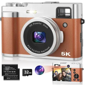 5K Digital Camera for Photography and Video, 48MP Dual Camera Autofocus Vlogging Camera for YouTube with Viewfinder,16X Digital Zoom, Anti Shake, Compact Travel Camera with 32GB SD Card 2 Batteries