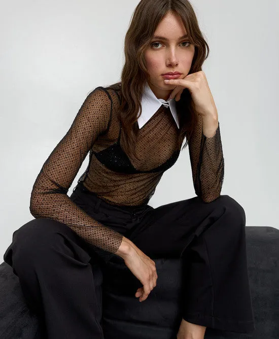 Access Fashion Mesh Dotted Black Top With White Neck Tie