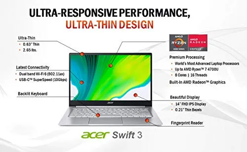 Acer Swift 3 Thin & Light Laptop, 14" Full HD IPS, AMD Ryzen 7 4700U Octa-Core with Radeon Graphics, 8GB LPDDR4, 512GB NVMe SSD, Wi-Fi 6, Backlit KB, Fingerprint Reader, Alexa Built-in, SF314-42-R9YN