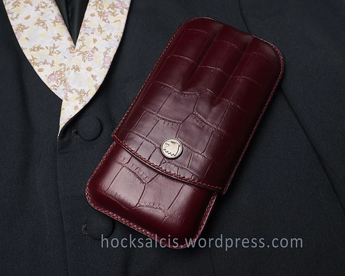 Aquila genuine crocodile skin leather 3-cigar case oxblood