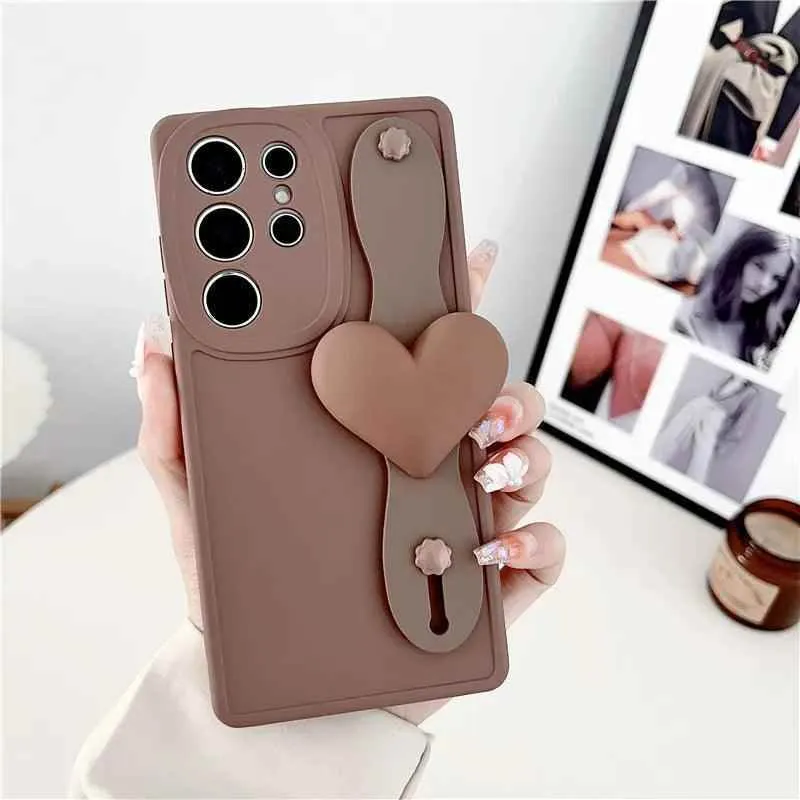 BCPC354 Cute Phone Case for Galaxy S23 Ultra, S22, S21, S20 FE, A54, 14, 24, 34, 53, M14, M54, 34, and F54 - Luxurious 3D Heart Design With Wrist Strap