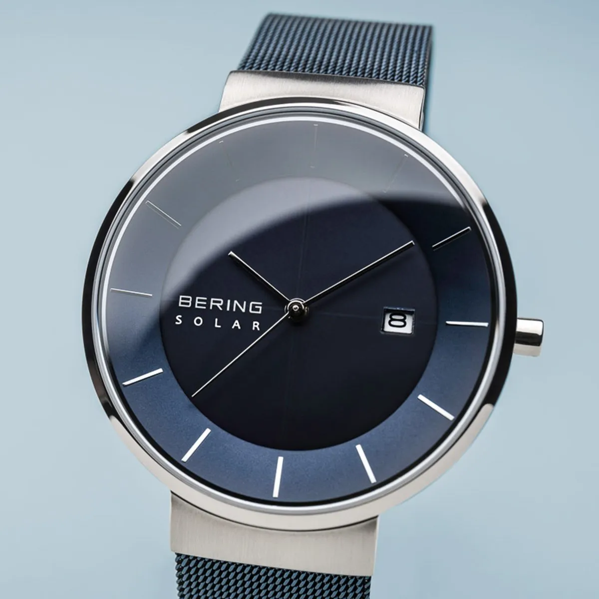 Bering Slim Solar Polished Silver Blue Mesh Watch