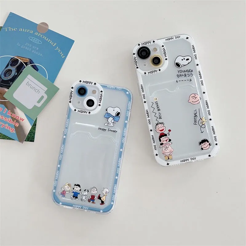 Cartoon Design Cute White Dog and Friends Charlie Sally Linus Blue & White with Friends Card Photo Holder iPhone Case 7 8 PLUS X 11 12 13 14 15 Pro Promax