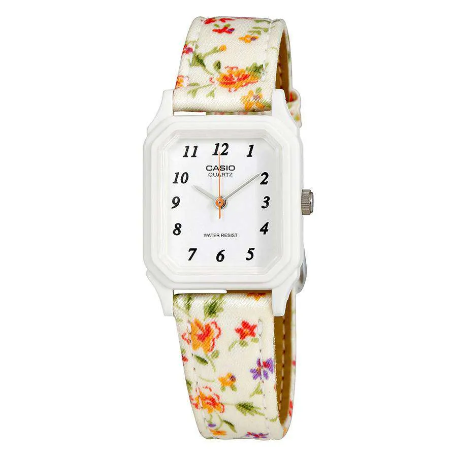 Casio LQ-142LB-7BDF White Floral Leather Strap Watch for Women