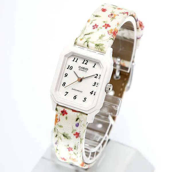 Casio LQ-142LB-7BDF White Floral Leather Strap Watch for Women