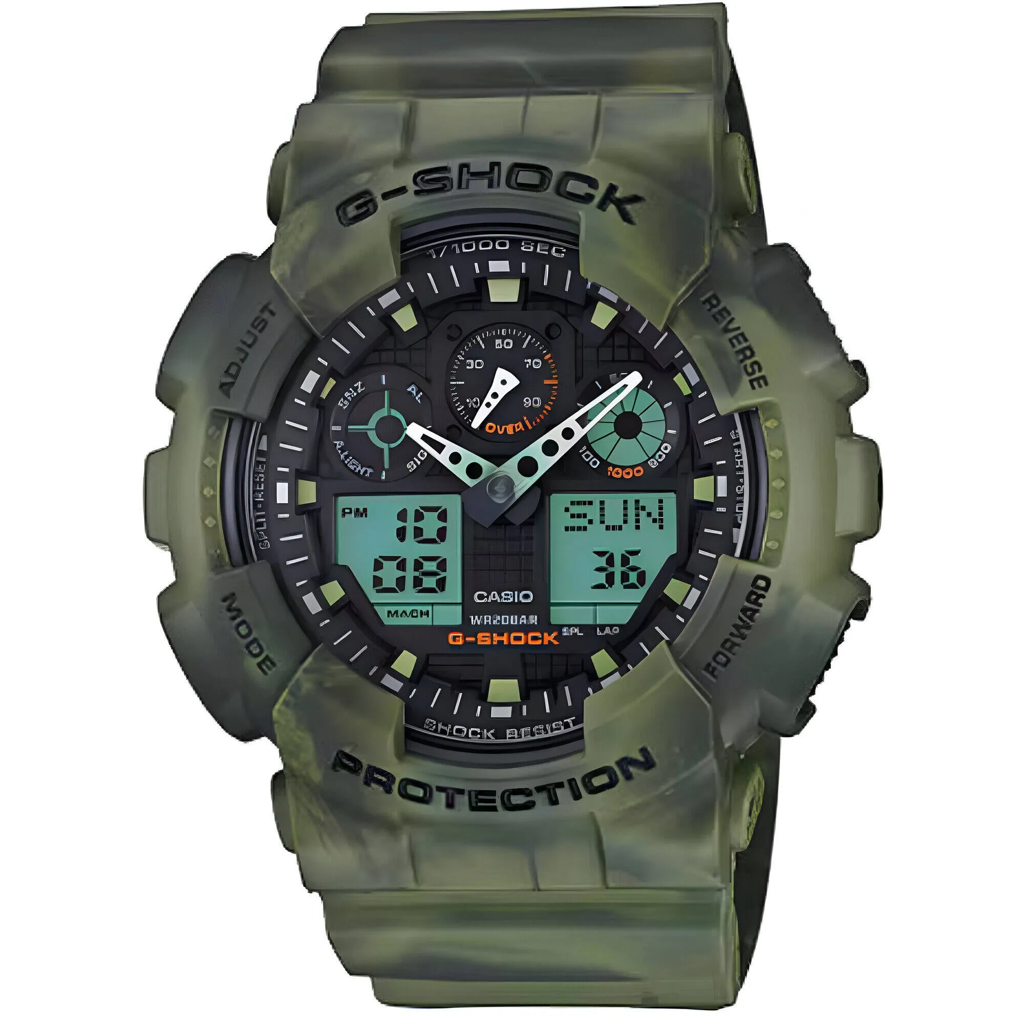 Casio Men's Watch - G-Shock Black and Blue Ana-Digi Dial Green Strap | GA100MM-3A