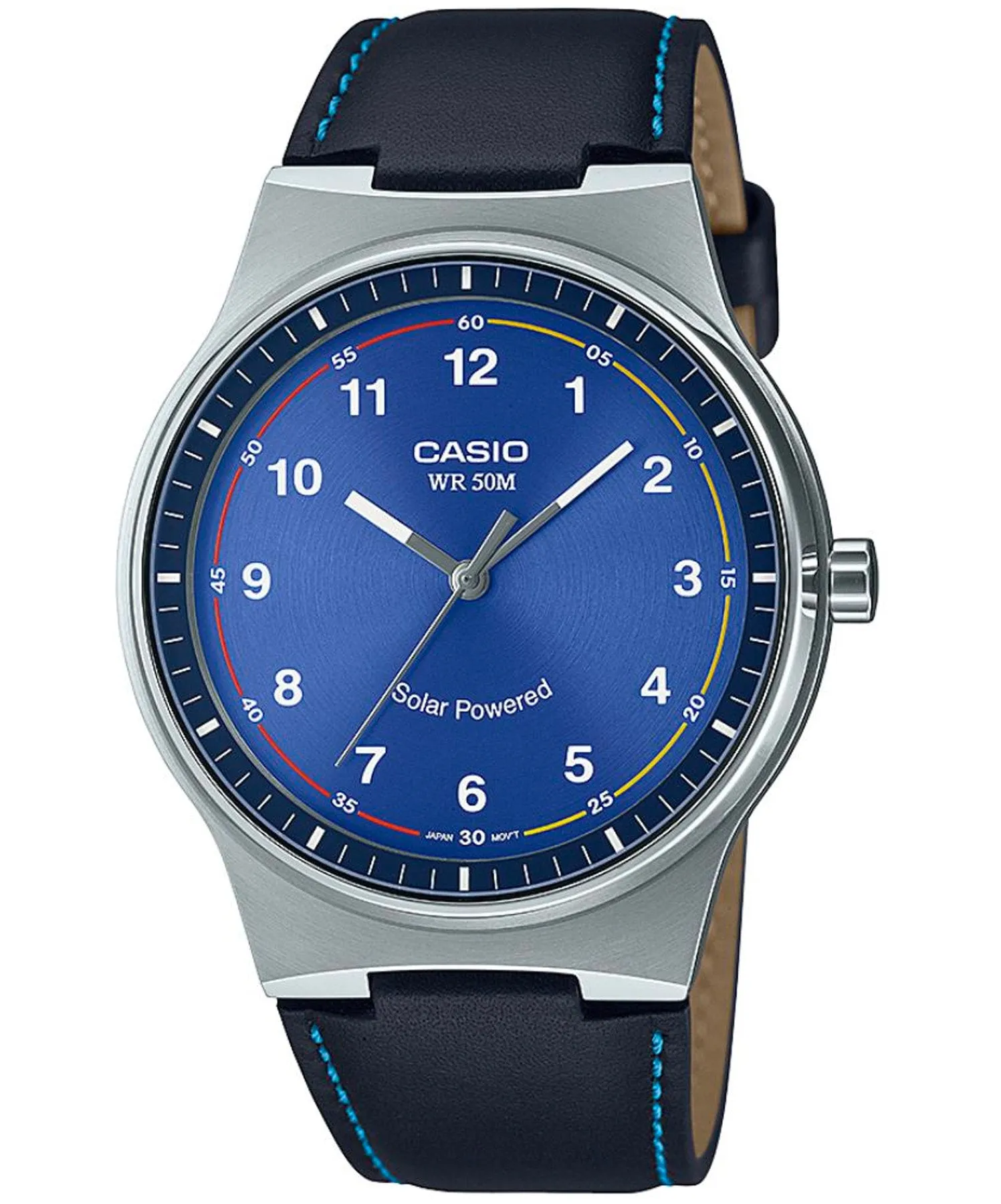 Casio Men's Watch, Solar powered Analog , Blue Dial Black Leather Strap, MTP-RS105L-2BVDF