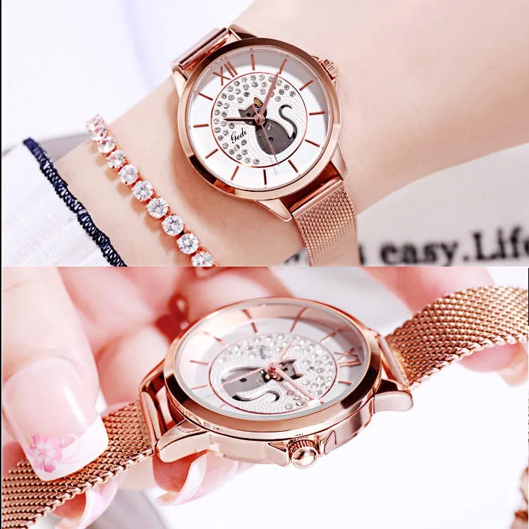 Cat Pattern Mesh Strap Women's Watch