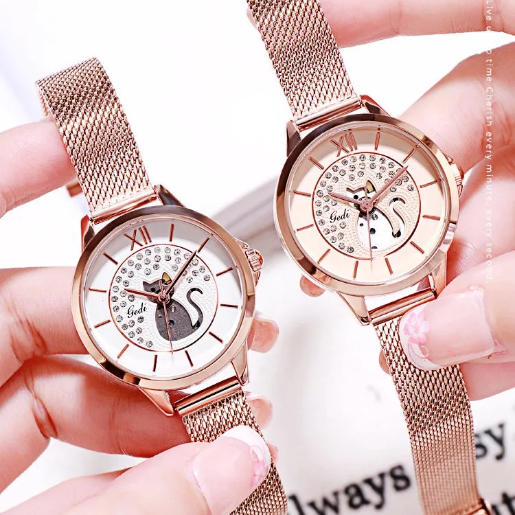 Cat Pattern Mesh Strap Women's Watch