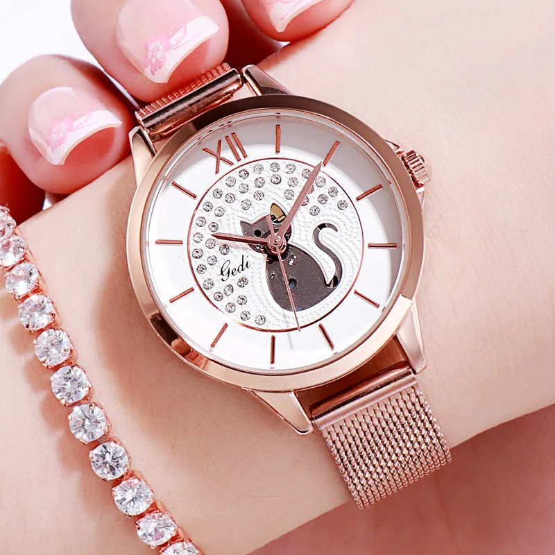 Cat Pattern Mesh Strap Women's Watch