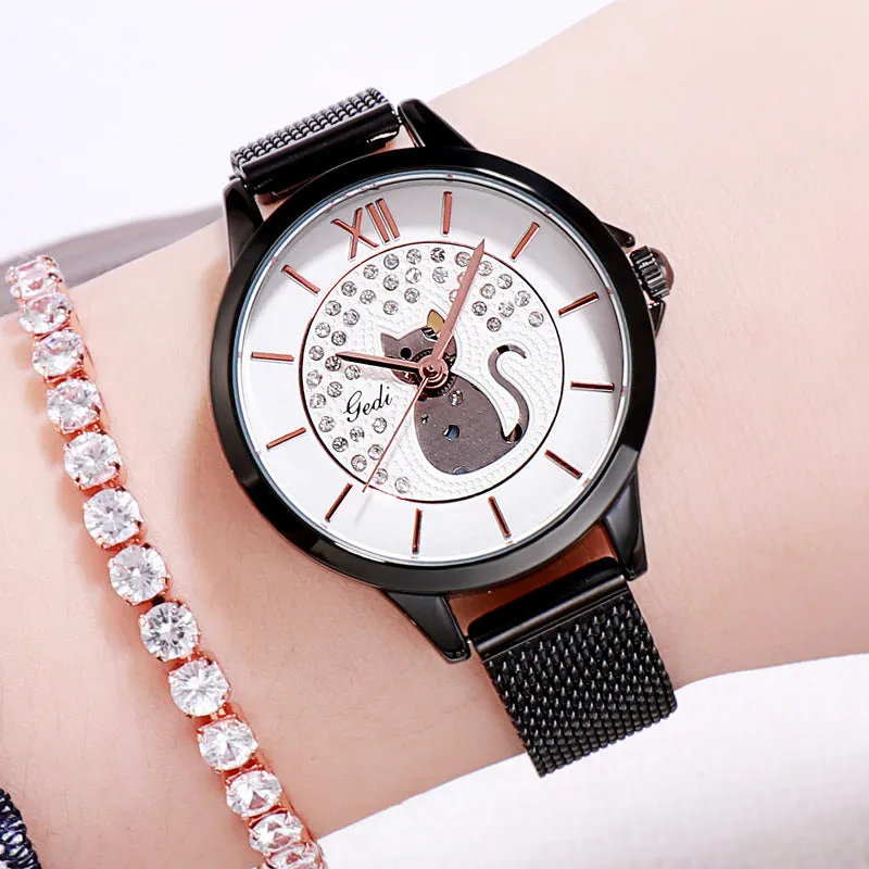 Cat Pattern Mesh Strap Women's Watch