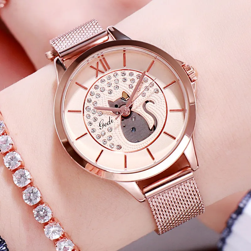 Cat Pattern Mesh Strap Women's Watch