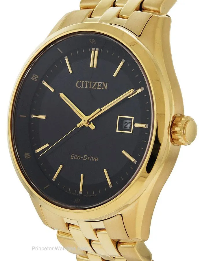 Citizen Eco-Drive Mens Watch - Gold-Tone - Date - 100m - Black Dial - Bracelet