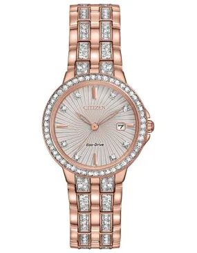 Citizen Eco-Drive Womens Watch - Swarovski Crystals - Rose Gold-Tone - Date