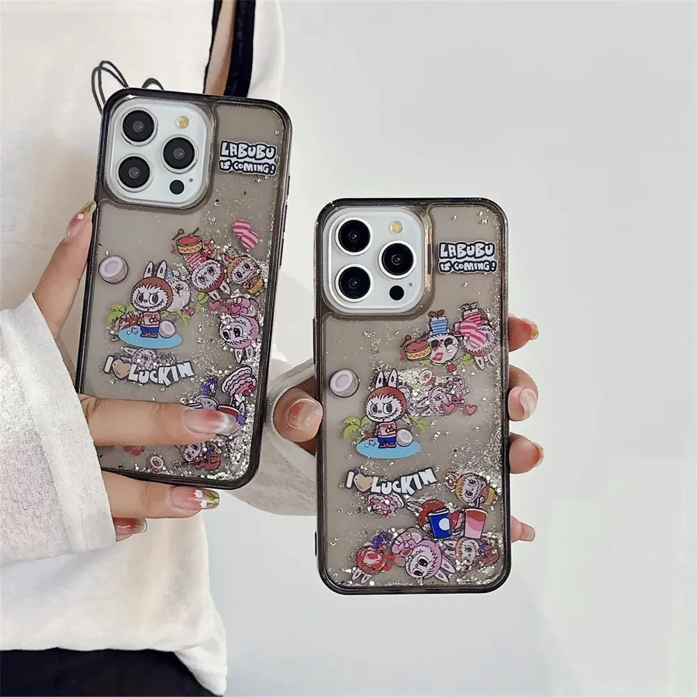 Cute Cartoon Labubu Zimomo QuickSand Glitter wth Black Case - iPhone Case 11 12 13 14 15 16 Pro Plus Promax