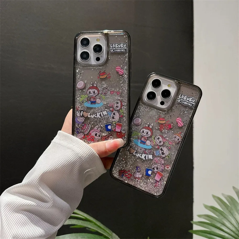 Cute Cartoon Labubu Zimomo QuickSand Glitter wth Black Case - iPhone Case 11 12 13 14 15 16 Pro Plus Promax