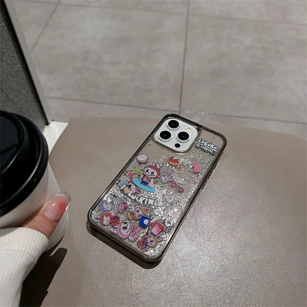 Cute Cartoon Labubu Zimomo QuickSand Glitter wth Black Case - iPhone Case 11 12 13 14 15 16 Pro Plus Promax