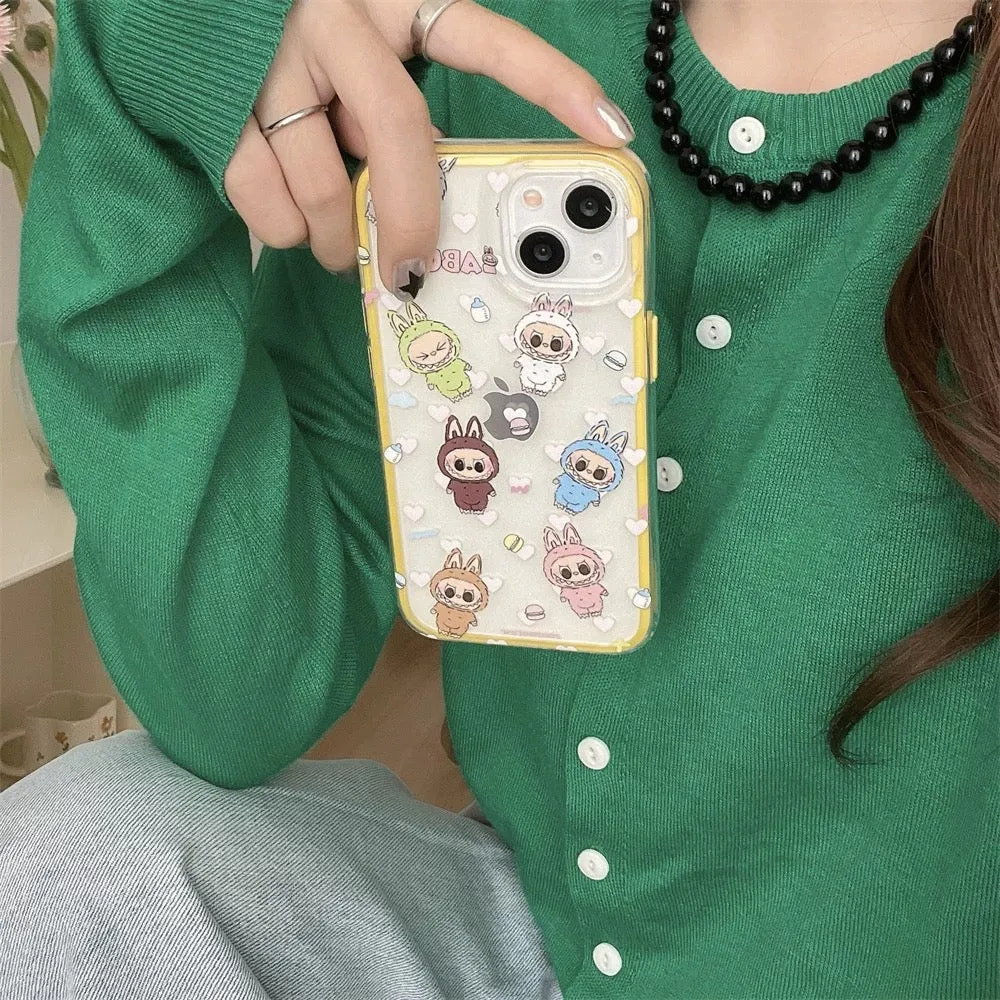 Cute Cartoon Labubu Zimomo with Macarons Yellow Line - iPhone Case 13 14 15 Pro Promax