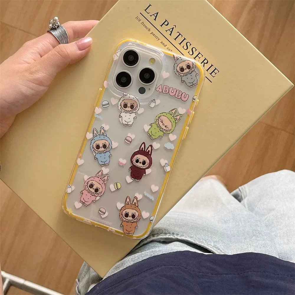 Cute Cartoon Labubu Zimomo with Macarons Yellow Line - iPhone Case 13 14 15 Pro Promax