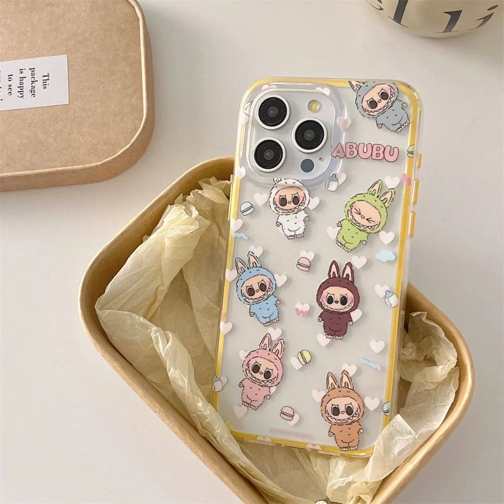 Cute Cartoon Labubu Zimomo with Macarons Yellow Line - iPhone Case 13 14 15 Pro Promax