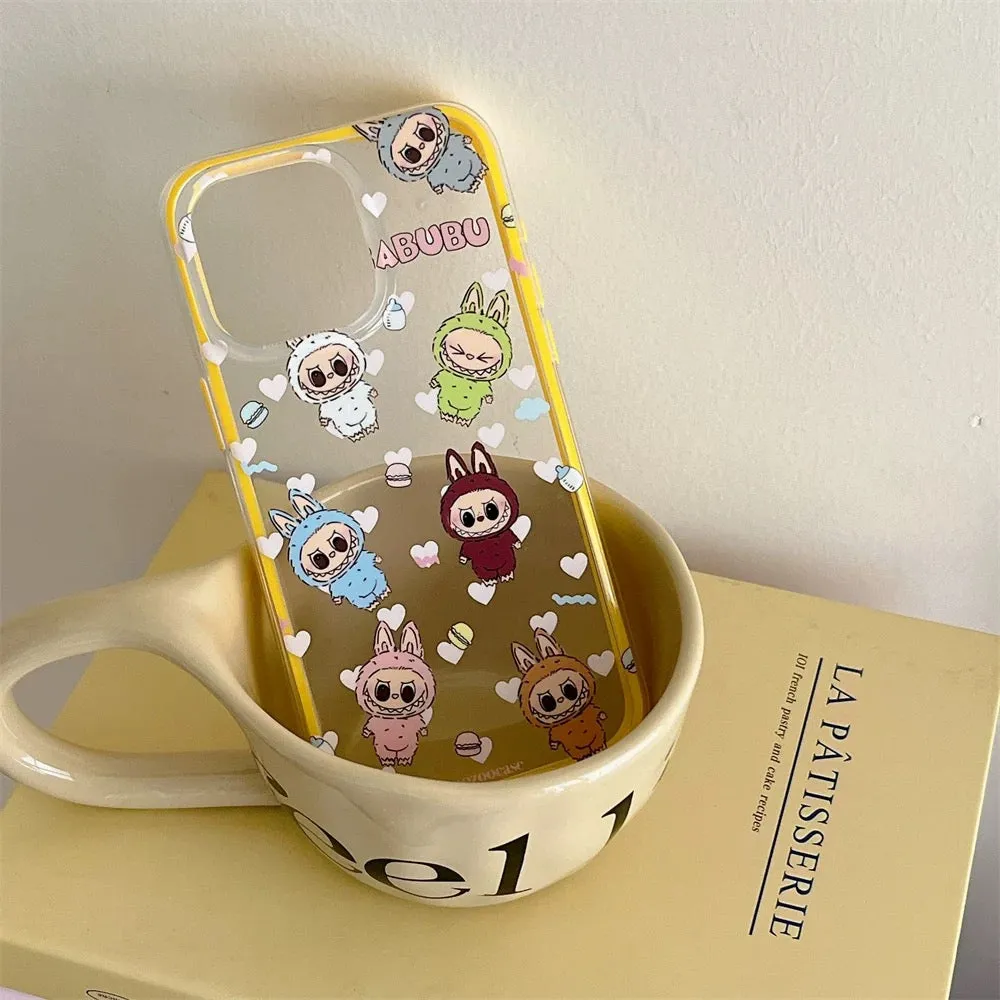 Cute Cartoon Labubu Zimomo with Macarons Yellow Line - iPhone Case 13 14 15 Pro Promax