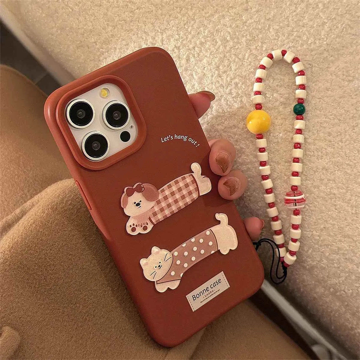 Cute Phone Case for iPhone 16, 15, 14, 13, and 12 Pro Models – Cartoon 3D Polka Dot Lattice Dog & Cat – TSP437