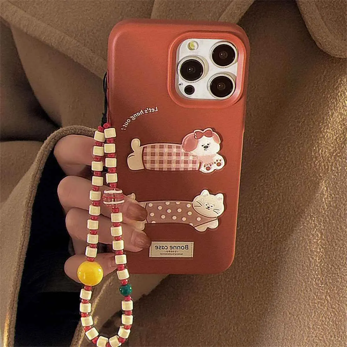 Cute Phone Case for iPhone 16, 15, 14, 13, and 12 Pro Models – Cartoon 3D Polka Dot Lattice Dog & Cat – TSP437