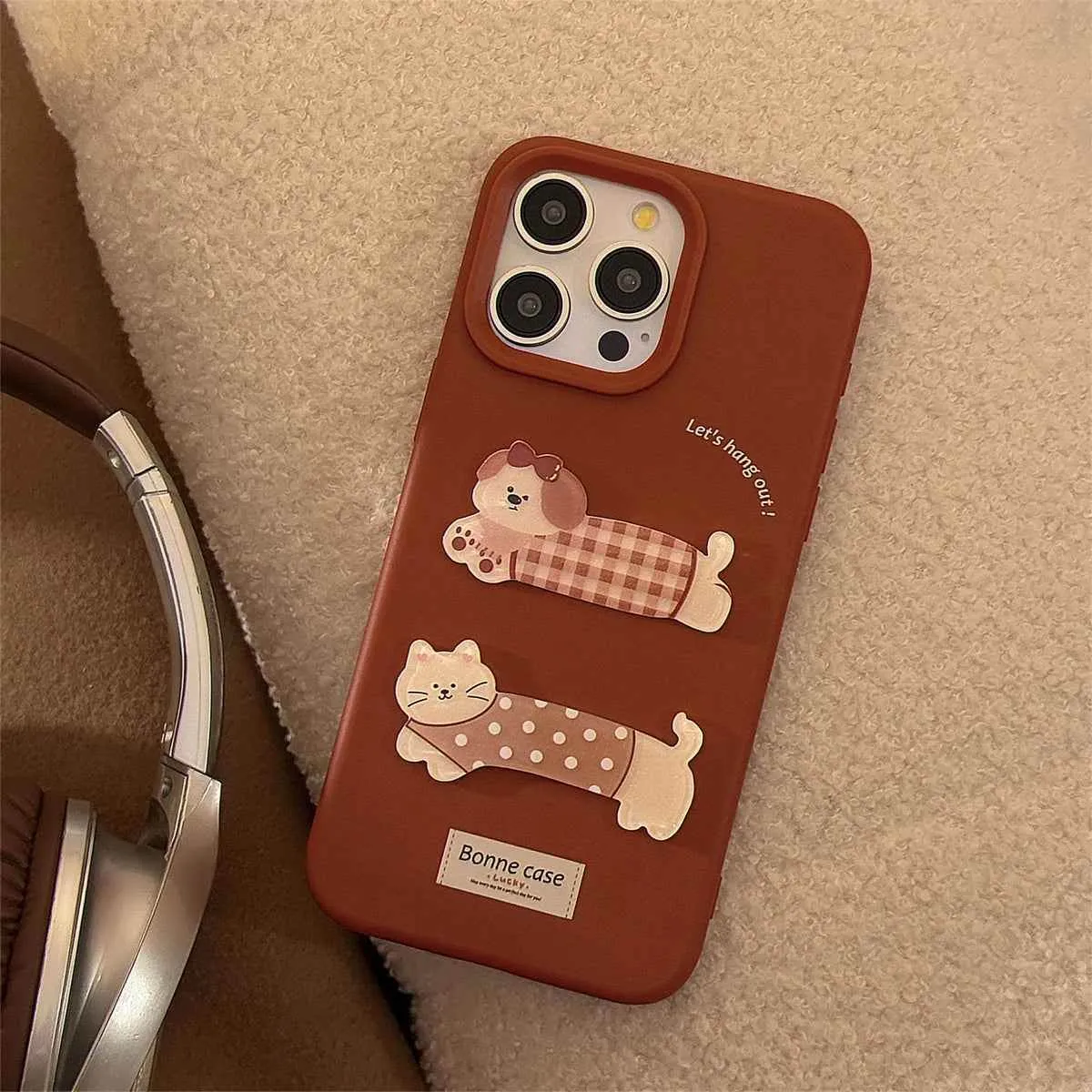 Cute Phone Case for iPhone 16, 15, 14, 13, and 12 Pro Models – Cartoon 3D Polka Dot Lattice Dog & Cat – TSP437