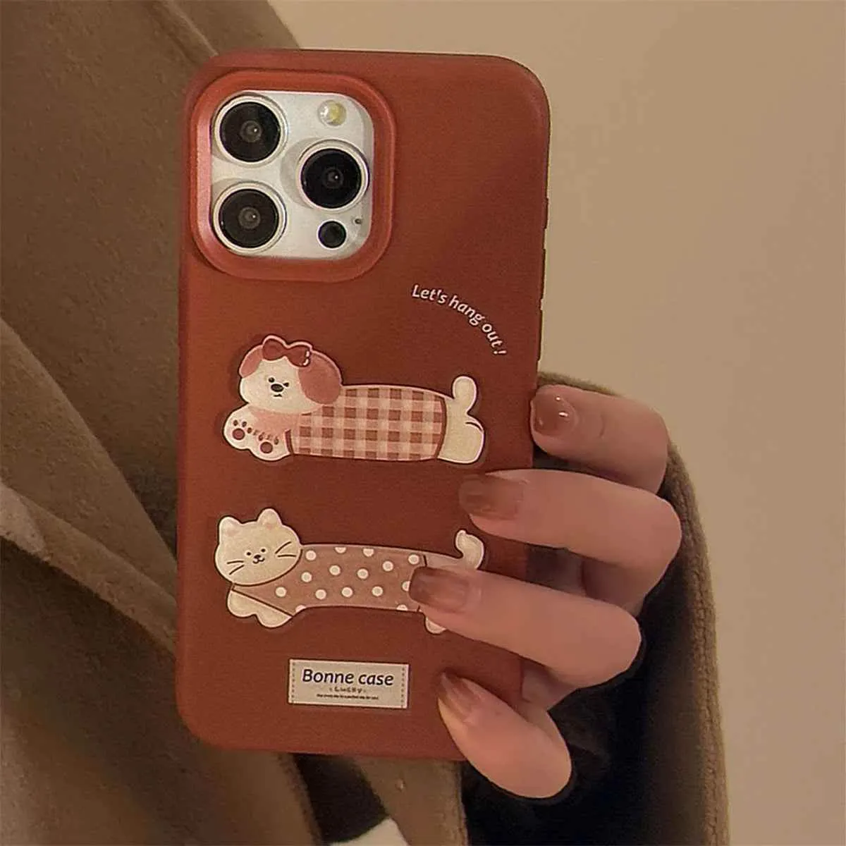 Cute Phone Case for iPhone 16, 15, 14, 13, and 12 Pro Models – Cartoon 3D Polka Dot Lattice Dog & Cat – TSP437