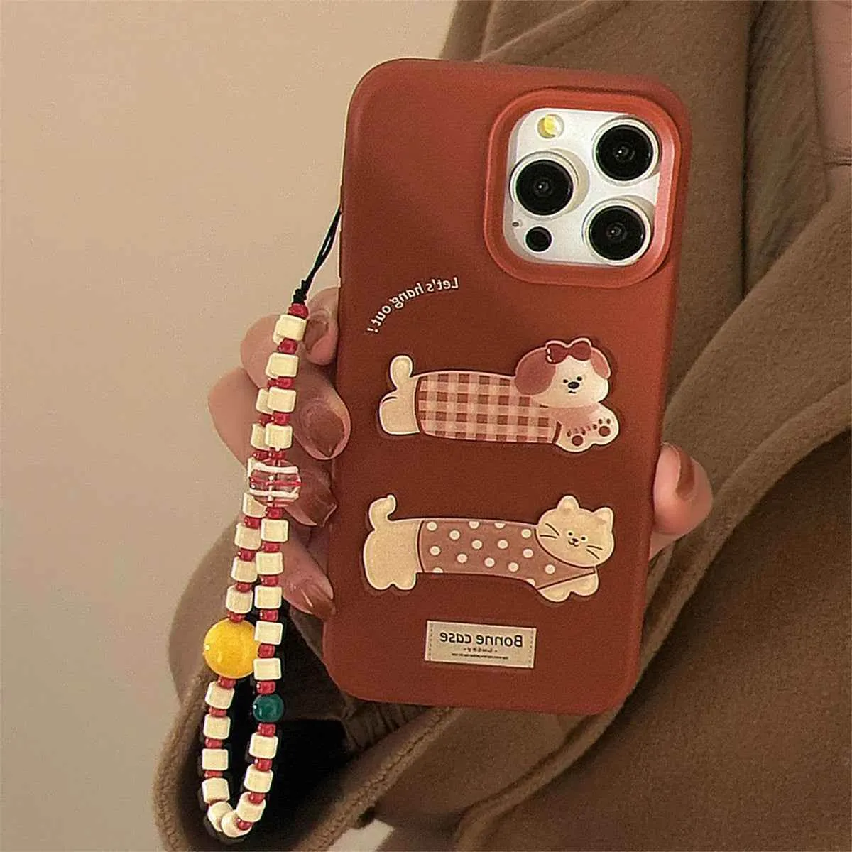 Cute Phone Case for iPhone 16, 15, 14, 13, and 12 Pro Models – Cartoon 3D Polka Dot Lattice Dog & Cat – TSP437