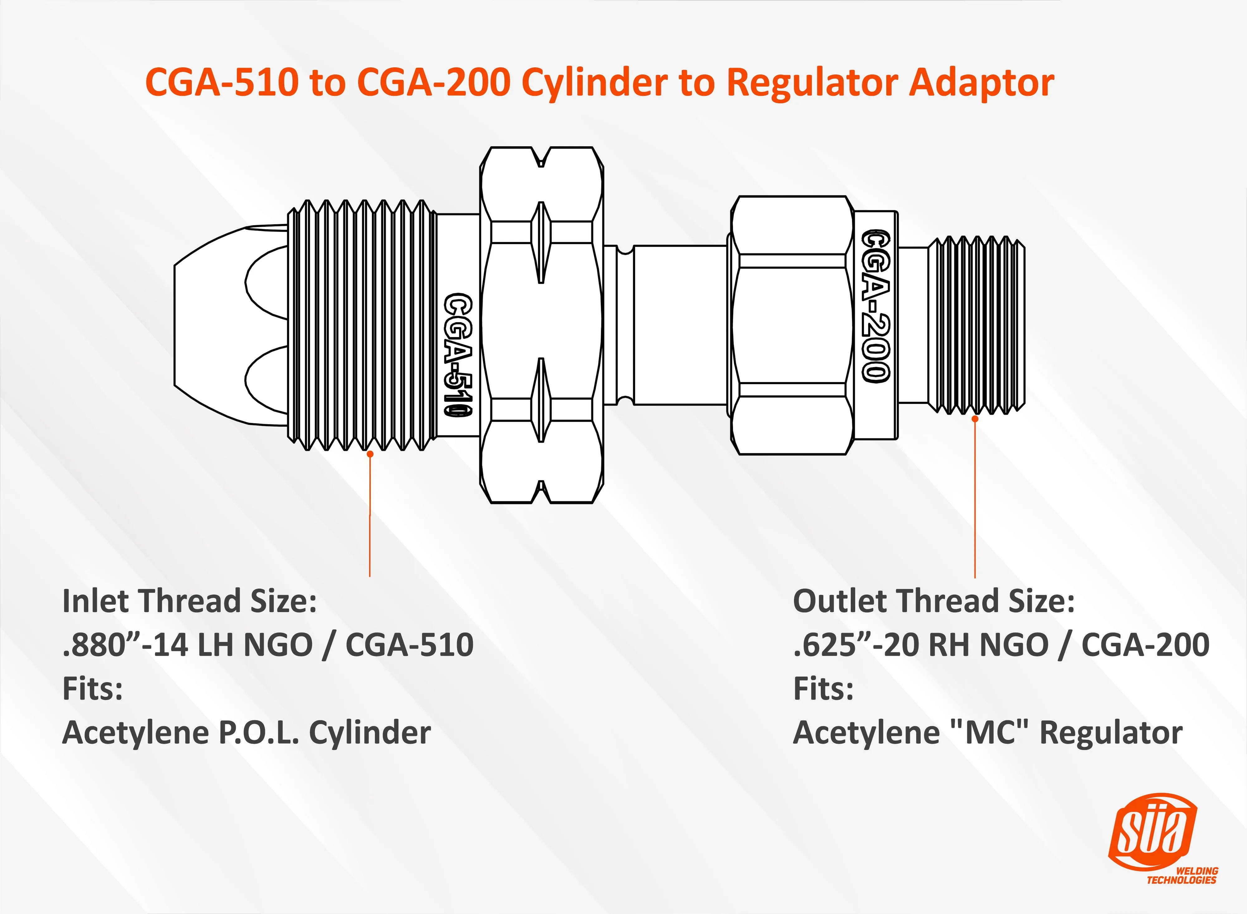 Cylinder to Regulator Acetylene Adaptors. CGA-200, CGA-300, CGA-510 and CGA-520