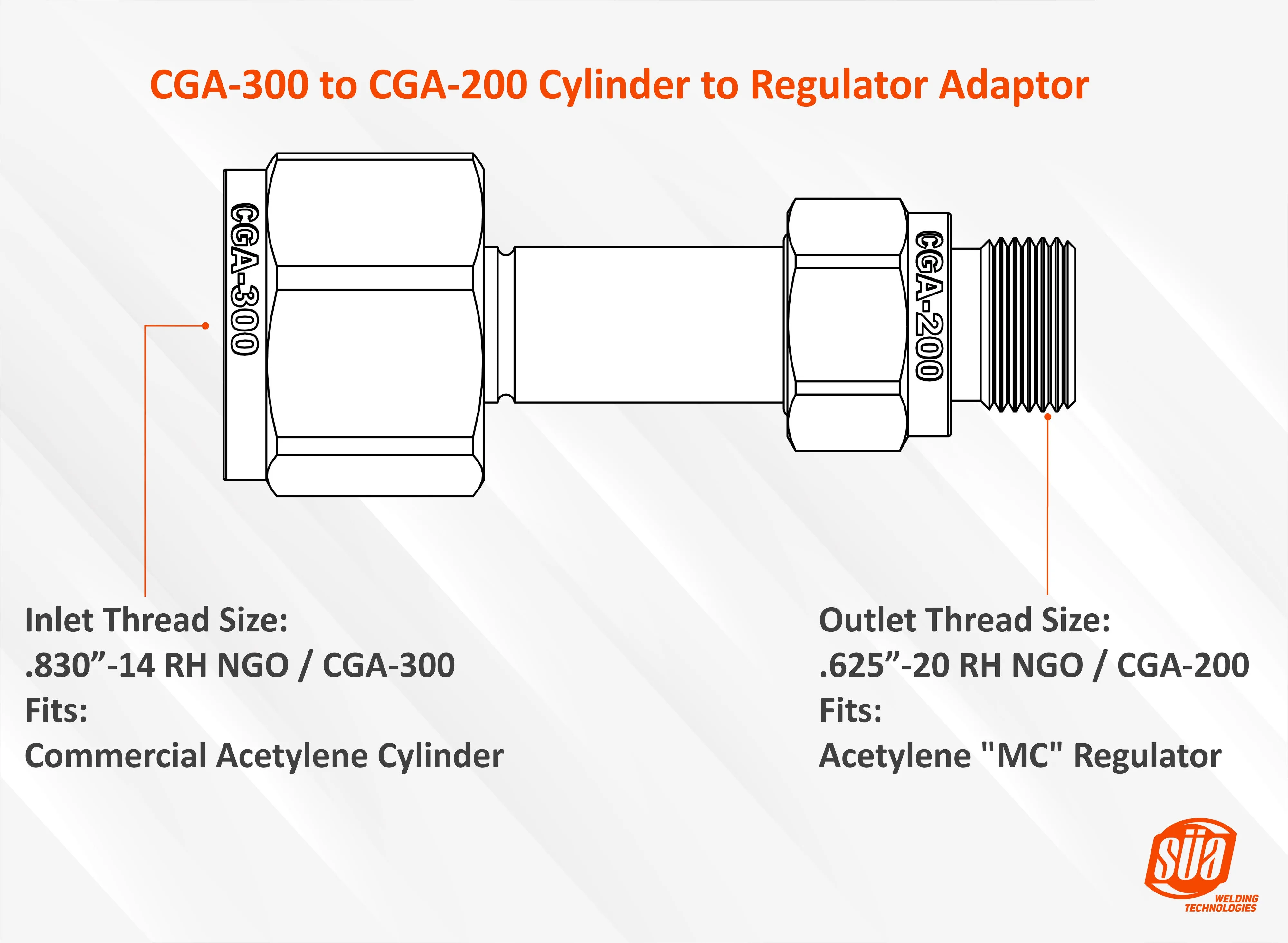 Cylinder to Regulator Acetylene Adaptors. CGA-200, CGA-300, CGA-510 and CGA-520