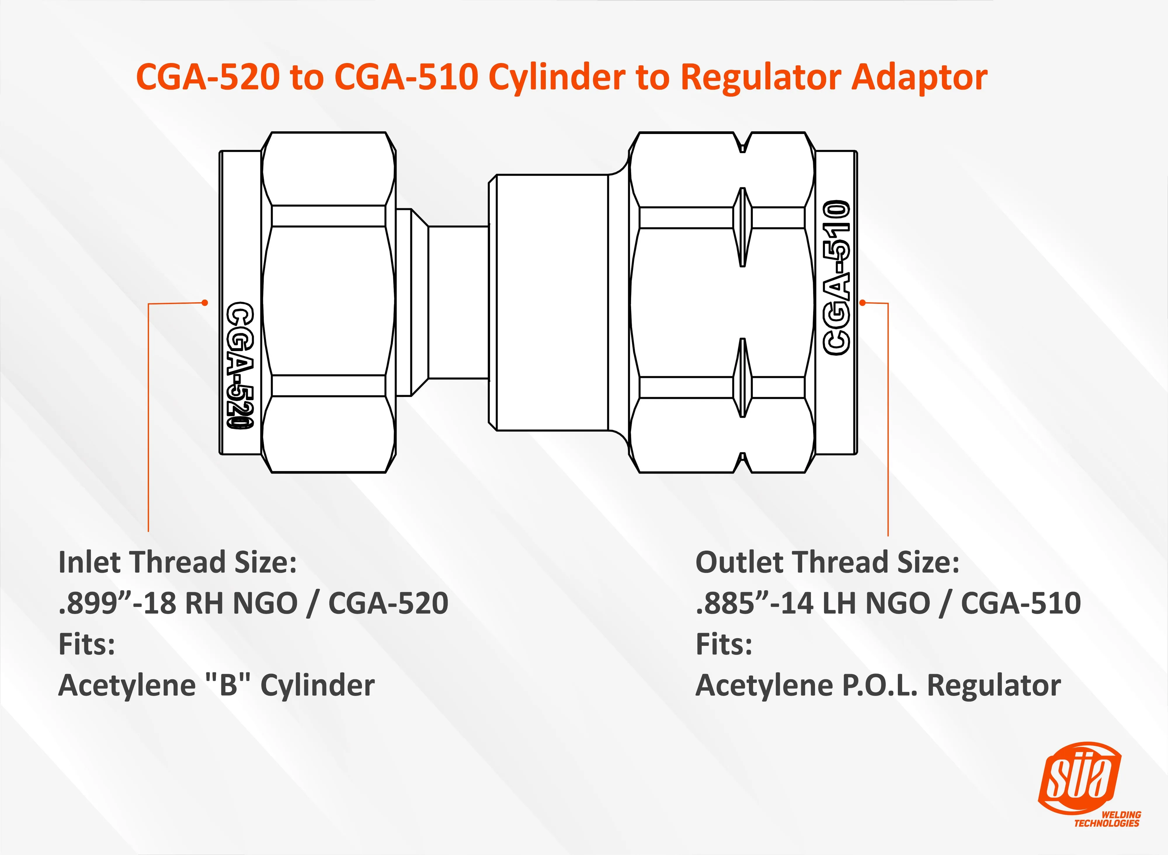 Cylinder to Regulator Acetylene Adaptors. CGA-200, CGA-300, CGA-510 and CGA-520