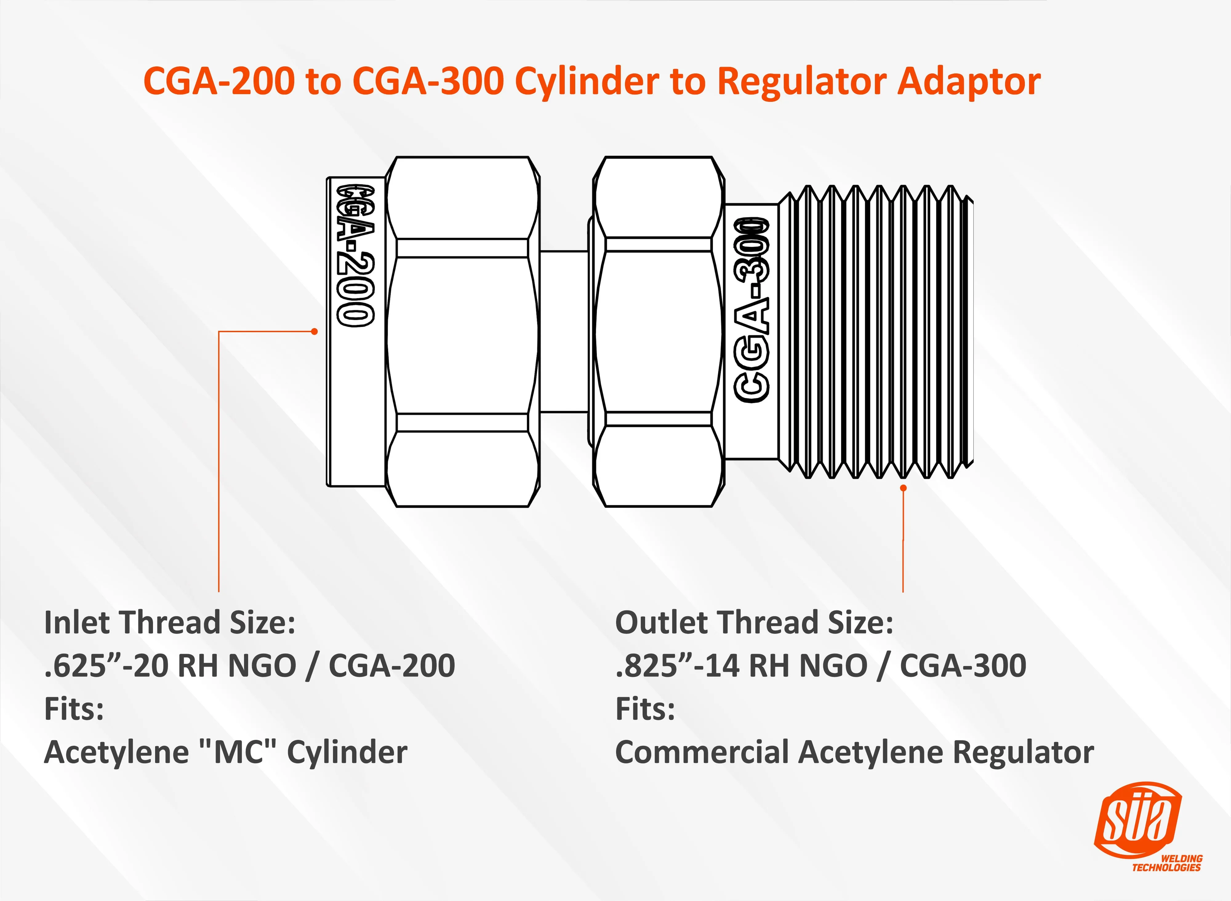 Cylinder to Regulator Acetylene Adaptors. CGA-200, CGA-300, CGA-510 and CGA-520