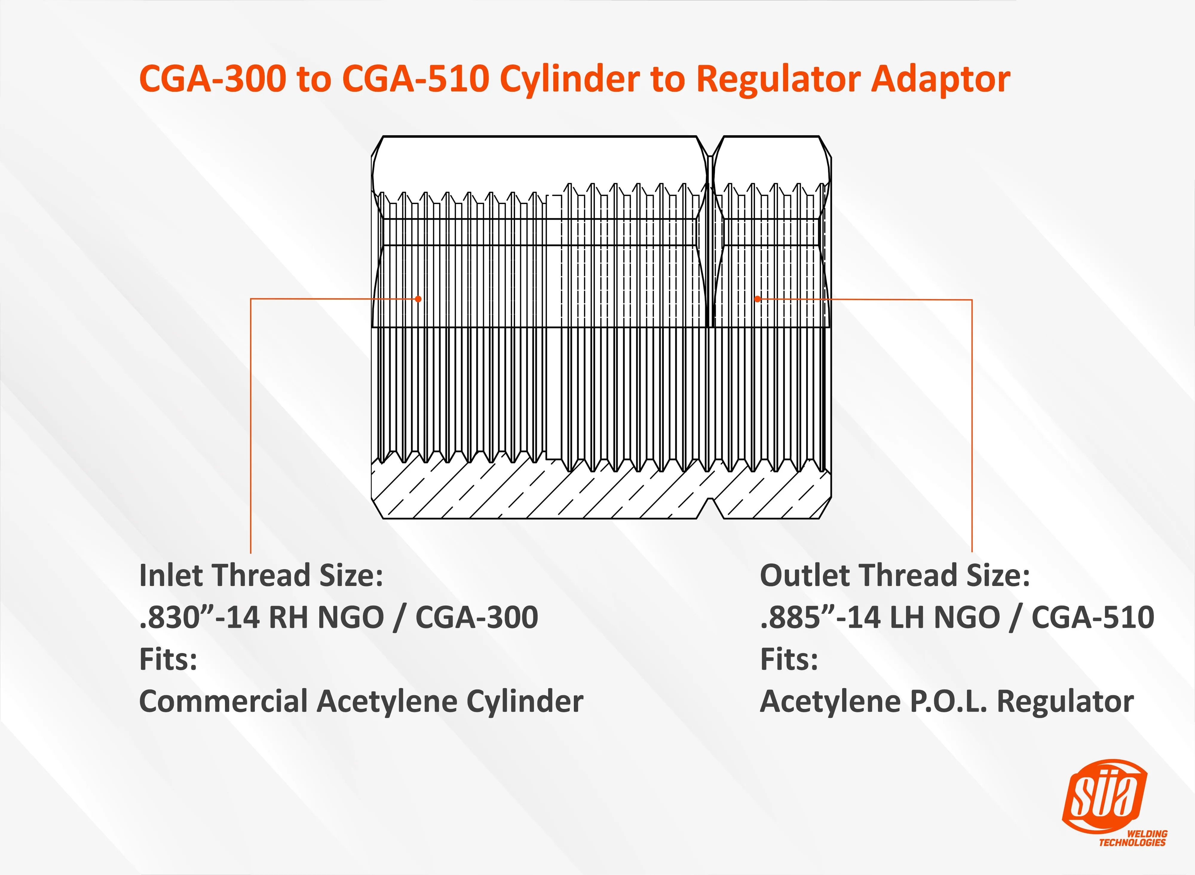 Cylinder to Regulator Acetylene Adaptors. CGA-200, CGA-300, CGA-510 and CGA-520