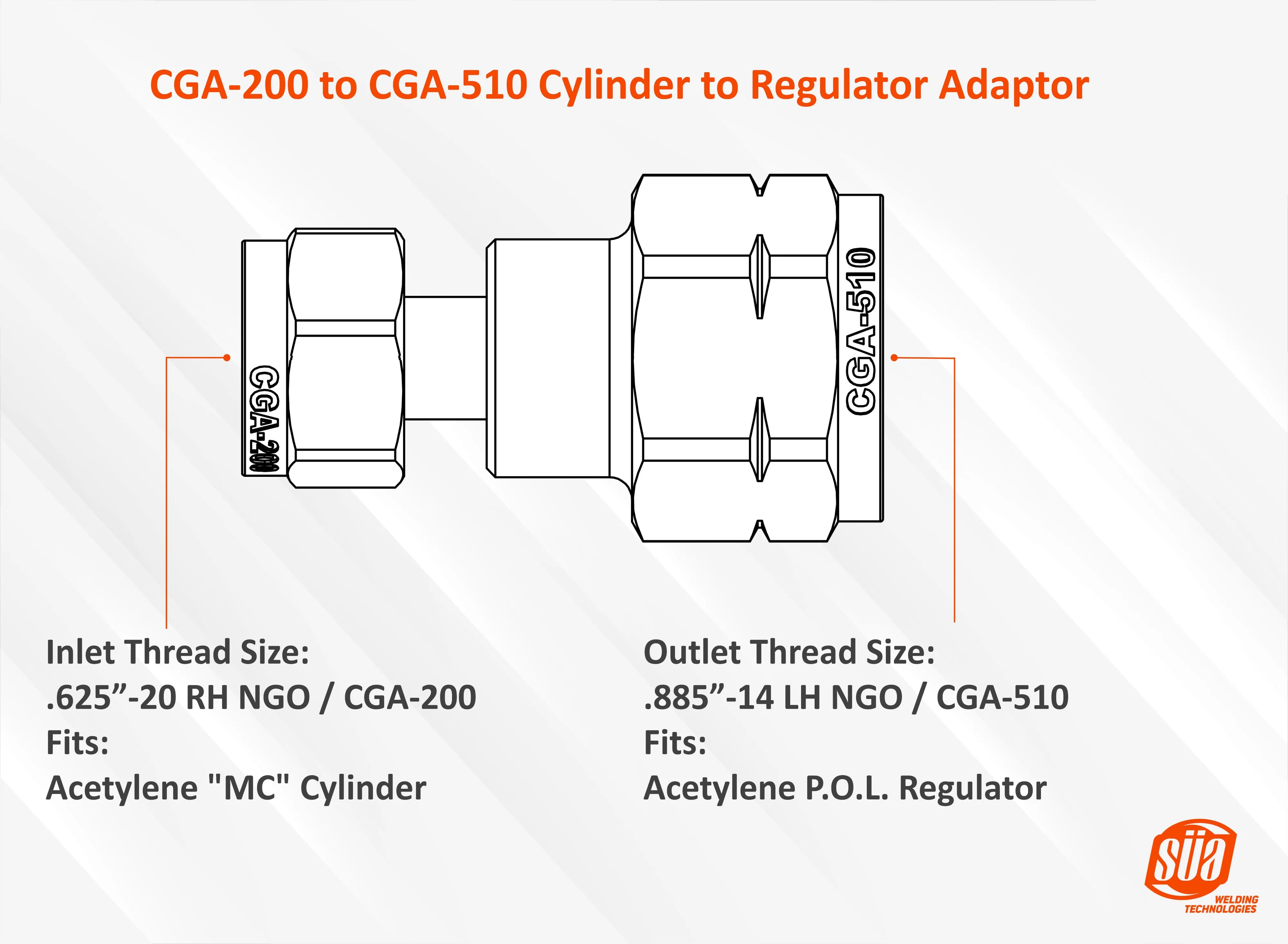 Cylinder to Regulator Acetylene Adaptors. CGA-200, CGA-300, CGA-510 and CGA-520