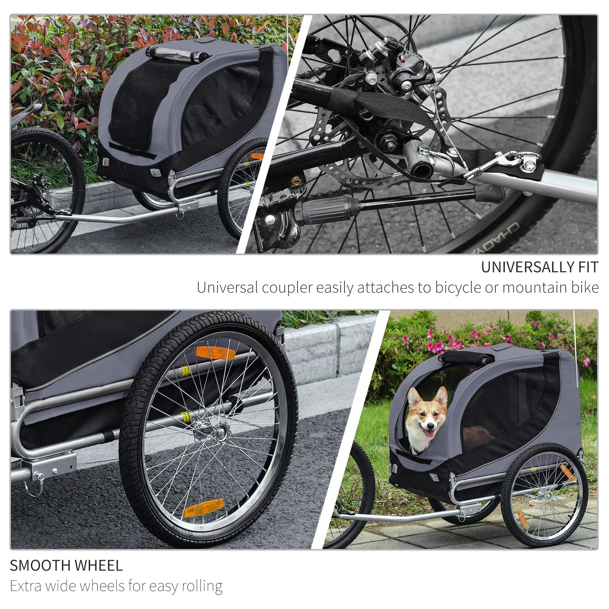 Dog Bike Trailer Steel Pet Cart Carrier for Bicycle Kit Water Resistant Travel Grey and Black