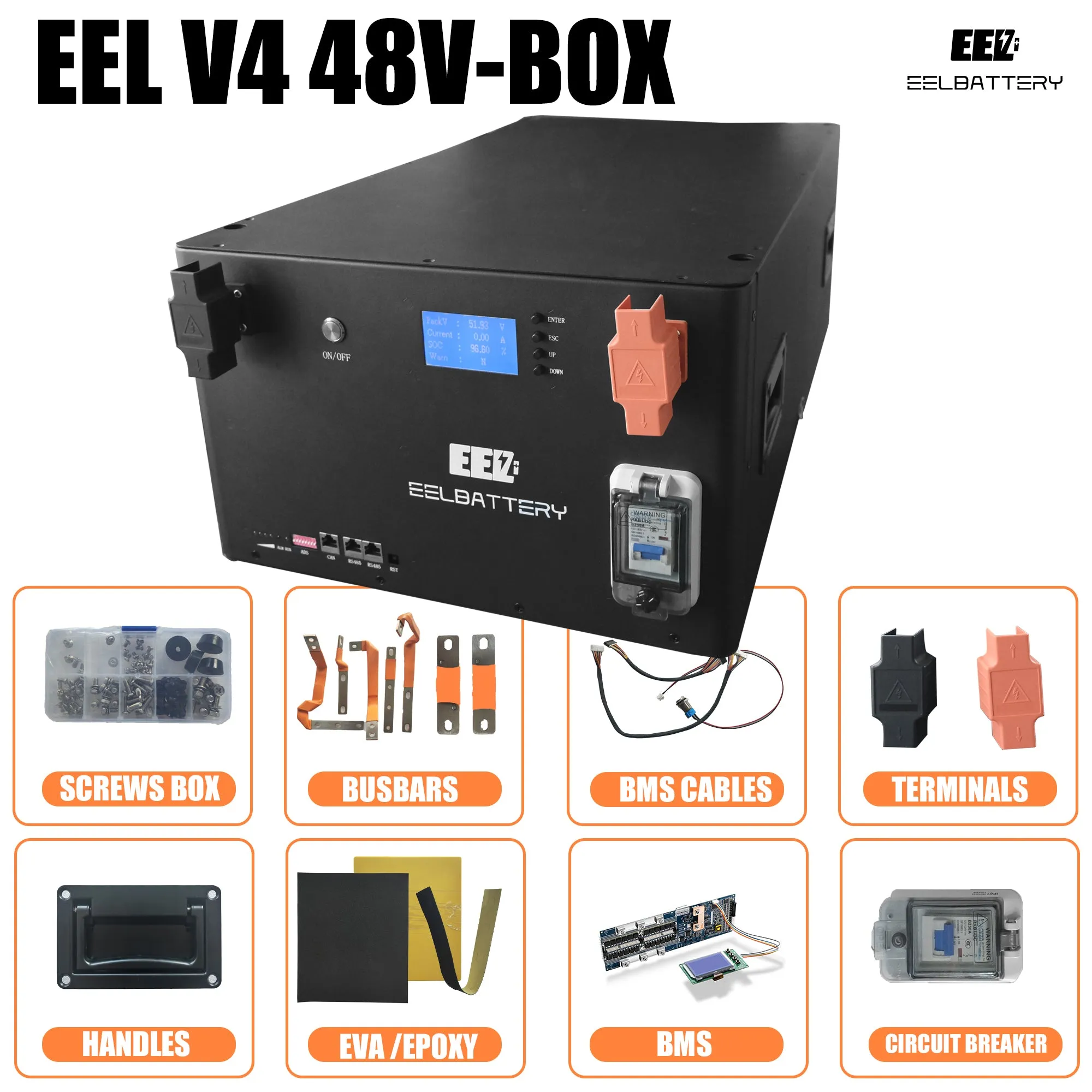 EEL 48V DIY Box V4 Server Rack Battery Kits with Bluetooth BMS Energy Storage Stackable Type