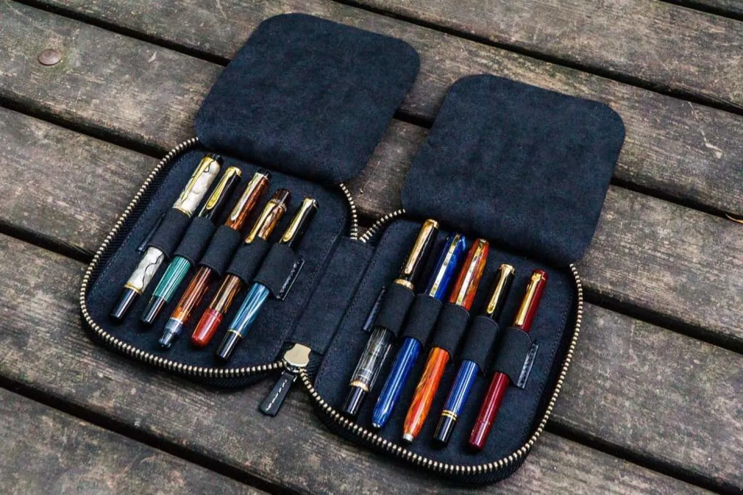 Galen Leather Pen Case Zippered 10 Slots in Black