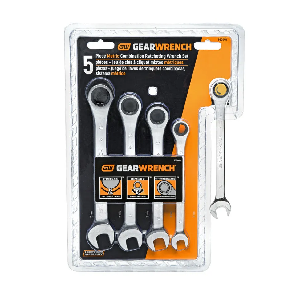 GearWrench 93004D 5 Pc. 72-Tooth 12 Point Ratcheting Combination Metric Wrench Set